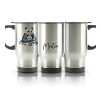 Hairyworm Personalised Travel Mug, 400ml Silver Stainless Steel Travel Mug with Handle, Customised with Initial/Name, Mother and Baby Panda Sitting Design Print