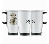 Hairyworm Personalised Travel Mug, 400ml White Stainless Steel Travel Mug with Handle, Customised with Initial/Name, Meerkat Baby and Adult Design Print