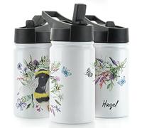 Hairyworm Personalised Water Bottle, 350ml White Sports Flask with Straw Cap Flip Lid, Stainless Steel, Customised with Initial/Name, Butterfly Bumble Bee Floral Garden Design Print, Drink Bottle