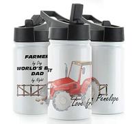 Hairyworm Personalised Water Bottle, 350ml White Sports Flask with Straw Cap Flip Lid, Stainless Steel, Customised with Initial/Name, 'Farmer by Day, World's Best Dad by Night' Tractor Design Print