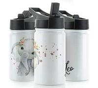 Hairyworm Personalised Water Bottle, 350ml White Sports Flask with Straw Cap Flip Lid, Stainless Steel, Customised with Initial/Name, Elephant Rain Drop Glitter Print Design Print
