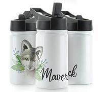 Hairyworm Personalised Water Bottle, 350ml White Sports Flask with Straw Cap Flip Lid, Stainless Steel, Customised with Initial/Name, Grey Wolf Blue Flowers Design Print
