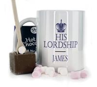 Hairyworm Personalised Wedding Mug and Belgian Milk Chocolate/Hot Chocolate Stirrer Marshmallow Gift Set,(11oz) White, Blue, Black, Pink Mug, His Lordship Crown Mug with Name
