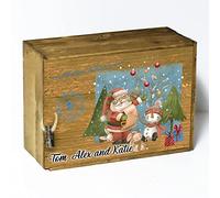 Hairyworm Personalised Wooden Christmas Eve Box w/ Lid, Wooden Box, Santa Snowman Christmas Gift Box, Hamper Box w/ Santa Place Mat, Empty Box for Present, Christmas Gift Crate, Christmas Gift Box