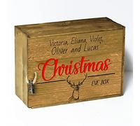 Hairyworm Personalised Wooden Christmas Eve Box With Lid, Deer Stag Gift Crate, Hamper With Santa Place Mat, Empty for Present