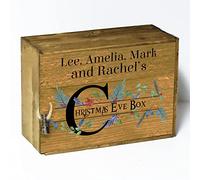 Hairyworm Personalised Wooden Xmas Eve Box with Lid, Wooden Box, Floral Berry Holly Xmas Gift Box, Hamper Box with Santa Place Mat, Empty Box for Present, Xmas Gift Crate, Xmas Gift Box