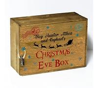 Hairyworm Personalised Wooden Xmas Eve Boxw/ Lid, Wooden Box, Reindeer Sleigh Xmas Gift Box, Hamper Boxw/ Santa Place Mat, Empty Box for Present, Xmas Gift Crate, Xmas Gift Box