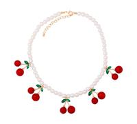 HAISENG Trendy Cherries Pendant Necklace With Faux Pearls Adjustable Length For Women Unique Fruit Themed Fashion Jewelry Her