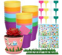 Haishell 12 Set Garden Pot Craft Kit 4in Plastic Flower Plant Pot with Tray Drainage Holes and Plants Labels 16 Sheet Stickers and 2 EVA Grass for Kids Gardening DIY Spring Growing Crafts