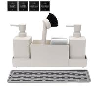 Haisheng 1 Set Kitchen Soap Dispenser, Beige 2 Pack Soap Dispenser Bottle with Pumps, Sponges, Brush, Drainer Tray, 350ML Shampoo Lotion Bottle for Kitchen and Bathroom