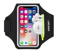 HAISSKY Running Armband with Earbuds Bag Sports Phone Armband for iPhone 16 Pro Max/15 Pro/14 Pro Max/13/12 Pro/11/XS/XR/X/8 Plus Sports Phone Holder Case with Zipper Pocket for Phones up to 6.9"