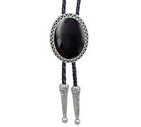 HAISWET Genunie Leather Native Western Black Stone Bolo Tie Silver Tone