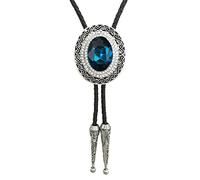 HAISWET Genunie Leather Native Western Blue Rhinestone Big Stone Bolo Tie Silver Tone