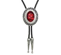 HAISWET Genunie Leather Native Western Red Rhinestone Statement Bolo Tie Silver Tone