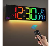 HAITANG 16 Inch Large Black Digital Wall Clock for Living Room, Remote Control, Dual Alarm, 8 RGB Colors, Large LED Display, Auto Brightness, Date, Summer Time Auto