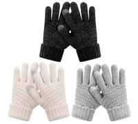 HAITHO Kids Winter Gloves 3 Pairs, Chenille Knit kids gloves for Cold Weather, Childrens Gloves Warm Fleece Lined Touchscreen Gloves Thermal Toddler Gloves for Teen Girls Boys 9-15 Years