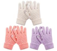 HAITHO Kids Winter Gloves - 3 Pairs Chenille Knit Kids Gloves for Cold Weather, Touchscreen, Toddler to Teen (9-15 Years)