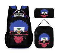 Haitian Skull Flag Printed Dayback Set with Lunch Bag And Pencil Case Lightweight Classic Backpack Set 3pcs