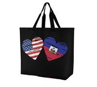 Haitians-US Heart Flag Novelty Women's Shoulder Tote Bag Shopping Bags Reusable Lightweight Grocery Handbags Travel Storage Pouch