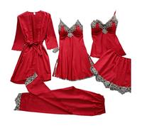Haitpant 5Pcs Silk Robe Sleep Suit Womens Lace Satin Pajamas Gown Set V-Neck Cami Nighties Wear Pijama Home Nightwear Red