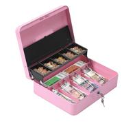 HAITRAL Metal Cash Box Lockable Money Coin Security Box, Portable Large Double Layer Cash Box with Fixed Coin Tray and 2 Keys, Petty Money Tin 30 X 24 X 9 cm, Pink