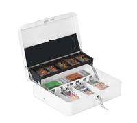 HAITRAL Metal Cash Box with Key Lock, Note and Coin Safe Box, Portable Large Double Layer Cash Box with Fixed Coin Tray and 2 Keys, Money Tin 30 X 24 X 9 cm, White