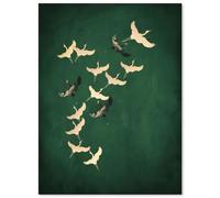 Haitunone Emerald Gold Green Flying Cranes Posters Japanese Eclectic Wall Art Nature Animal Canvas Prints Maximalist Modern Bird Wall Decor for Living Room Bedroom Dorm 12X16 inch Unframed