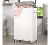 HAIXIN HOME Slim Laundry Hamper with Lid, 50L Plastic Tall Laundry Basket with Wheels, Compact Size for Narrow Space, Rolling Laundry Cart with Handle for Easy Transport to Laundry Room