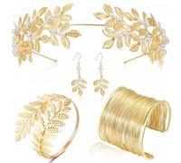 HAIYINGTF 4 Pcs Greek Goddess Costume Jewelry Set Gold Greek Goddess Accessories for Women Grecian Goddess Jewelry Leaf Earrings Headpiece Coil Bracelet Bridal Hair Comb Jewellery