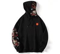 HaiZi XiHuan Streetwear Men's Dragon Embroidered Heavyweight Graphic Hoodies Japanese Techwear baggy Anime Hoodie, Black-dragon-01, Medium