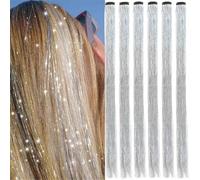 HAJHI Christmas Hair Tinsel Glitter for Girls 6pcs Tinsel Hair Extensions BB Clip Fastening Seamless Invisible Fairy for Bars Birthdays(White)