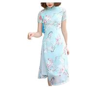 HAJHI Organza Embroidery Ao Dai Vietnamese Dress Improved Everyday Mid-Length áo Dài Việt NAM Double Layer Slit Slim Chinese Dress for Women Wedding(Blue,L)