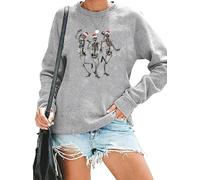HAJIEXY Dancing Skeleton Christmas Sweatshirt Womens Xmas Skull Graphic Long Sleeve Pullover Shirts Merry Christmas Tops, Grey, Large