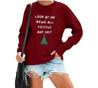 HAJIEXY Look At Me Being All Festive Sweatshirt Women Christmas Tree Graphic Long Sleeve Shirt Crewneck Xmas Pullover Tops, Red, Large