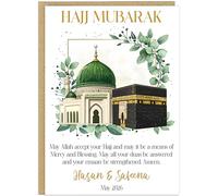 Hajj Mubarak Card Personalised Family Name & Date - Kaaba Mosque Designs - May Allah Accept Your Hajj Mercy Blessing Dua Emaan - Islamic Hajj Celebration Keepsake Cards (Design 6)