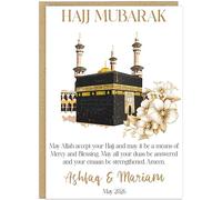 Hajj Mubarak Card Personalised Family Name & Date - Kaaba Mosque Designs - May Allah Accept Your Hajj Mercy Blessing Dua Emaan - Islamic Hajj Celebration Keepsake Cards (Design 4)