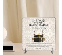 Hajj Mubarak Personalised Square Plaque on Stands MDF Wood or Acrylic - Custom Name & Date Keepsake Celebration Gift For Family & Friends - Pilgrimage Completion (Beige, Acrylic)