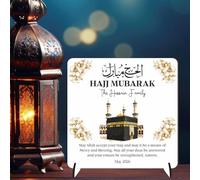 Hajj Mubarak Personalised Square Plaque on Stands MDF Wood or Acrylic - Custom Name & Date Keepsake Celebration Gift For Family & Friends - Pilgrimage Completion (White/Clear With Gold, MDF Wood)