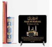 Hajj Mubarak Personalised Square Plaque on Stands MDF Wood or Acrylic - Custom Name & Date Keepsake Celebration Gift For Family & Friends - Pilgrimage Completion (Black, Acrylic)