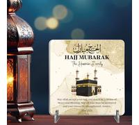 Hajj Mubarak Personalised Square Plaque on Stands MDF Wood or Acrylic - Custom Name & Date Keepsake Celebration Gift For Family & Friends - Pilgrimage Completion (Gold, Acrylic)