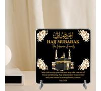 Hajj Mubarak Personalised Square Plaque on Stands MDF Wood or Acrylic - Custom Name & Date Keepsake Celebration Gift For Family & Friends - Pilgrimage Completion (Black with Gold, Acrylic)