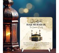Hajj Mubarak Personalised Square Plaque on Stands MDF Wood or Acrylic - Custom Name & Date Keepsake Celebration Gift For Family & Friends - Pilgrimage Completion (Gold, MDF Wood)