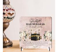Hajj Mubarak Personalised Square Plaque on Stands MDF Wood or Acrylic - Custom Name & Date Keepsake Celebration Gift For Family & Friends - Pilgrimage Completion (Pink, MDF Wood)