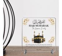 Hajj Mubarak Personalised Square Plaque on Stands MDF Wood or Acrylic - Custom Name & Date Keepsake Celebration Gift For Family & Friends - Pilgrimage Completion (White/Clear With Gold, Acrylic)