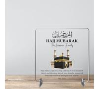 Hajj Mubarak Personalised Square Plaque on Stands MDF Wood or Acrylic - Custom Name & Date Keepsake Celebration Gift For Family & Friends - Pilgrimage Completion (White/Clear, Acrylic)