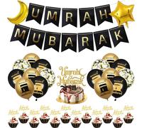 Hajj Umrah Mubarak Party Decoration - 33 Pcs Black Gold Eid Festival Party Ramadan Mubarak Decorations Banners Star Moon Foil Balloons Cake Toppers for Happy Eid Muslim Islam Festival Decor Supplies