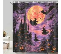 Hajmsug Halloween Witch Haunted Castle Shower Curtain,Gothic Halloween Flying Witch Dark Castle Purple Sky Bath Curtain Set，Waterproof Washable Polyester Fabric Horror Themed Decorations, 71X71 in