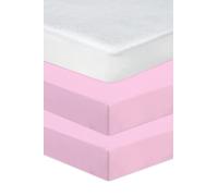 Hajran Linen 3 Pcs Soft & Cozy Next to Me Crib Fitted Sheets - 100% Pure Cotton 2x Fitted Sheets + 1x Waterproof Mattress Protector - Premium Quality High Thread Count (83-85 x 50-51 cm, Pink)