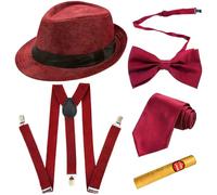 HAJXXMM 1920s Mens Costume Accessories, Roaring Retro 20s Gangster Costume Outfit with Hat, Bow, Tie, Suspenders, Cigarette, Costume for 1920's Fancy Dress Up Film Party（Burgundy）