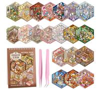 HAJXXMM 3D Sticker Scene Book, 20 Sets DIY 3D House Stickers Kit, Sticker Scene, Room Sticker Book, Stress Relief Sticker Scenes with Tweezers Creative Reusable DIY Stickers Therapy